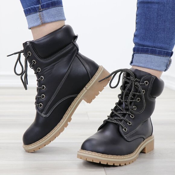 Woman's Faux Leather Lug-Sole Combat Ankle Boots - Picture 11 of 12